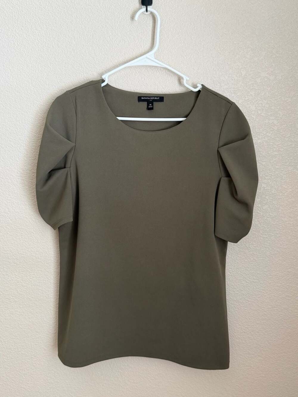 Banana Republic Olive Green Puff Sleeve Crew Neck Blouse
